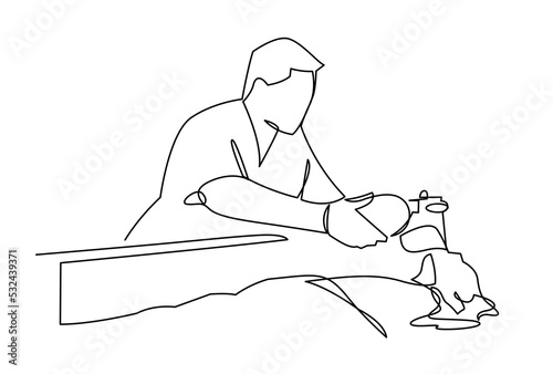 Resident provide emergency medical care to the patient continuous one line vector illustration. Female nurse taking care to illness patient. Oxygen mask