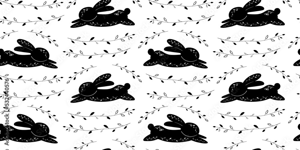 Pattern black rabbit, black hare in Scandinavian style. Minimalistic print with the symbol of the year 2023. Rabbit runs vector pattern for the design of holiday packaging, scrapbooking, wallpapers. Pattern black rabbit, black hare in Scandinavian style. Minimalistic print with the symbol of the year 2023. Rabbit runs vector pattern for the design of holiday packaging, scrapbooking, wallpapers.