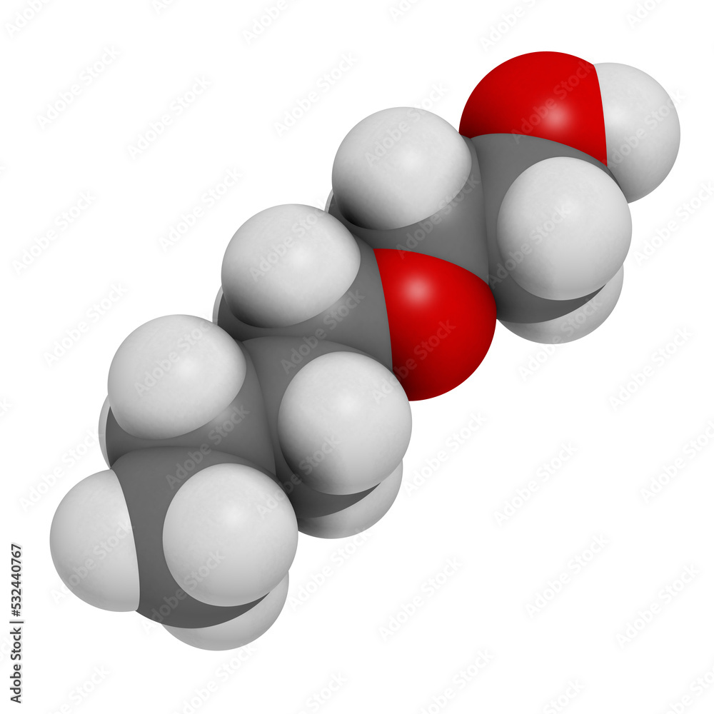 2-Butoxyethanol solvent and surfactant molecule. 3D rendering. Atoms are represented as spheres with conventional color coding: hydrogen (white), carbon (grey), oxygen (red). 2-Butoxyethanol solvent and surfactant molecule. 3D rendering. Atoms are represented as spheres with conventional color coding: hydrogen (white), carbon (grey), oxygen (red).