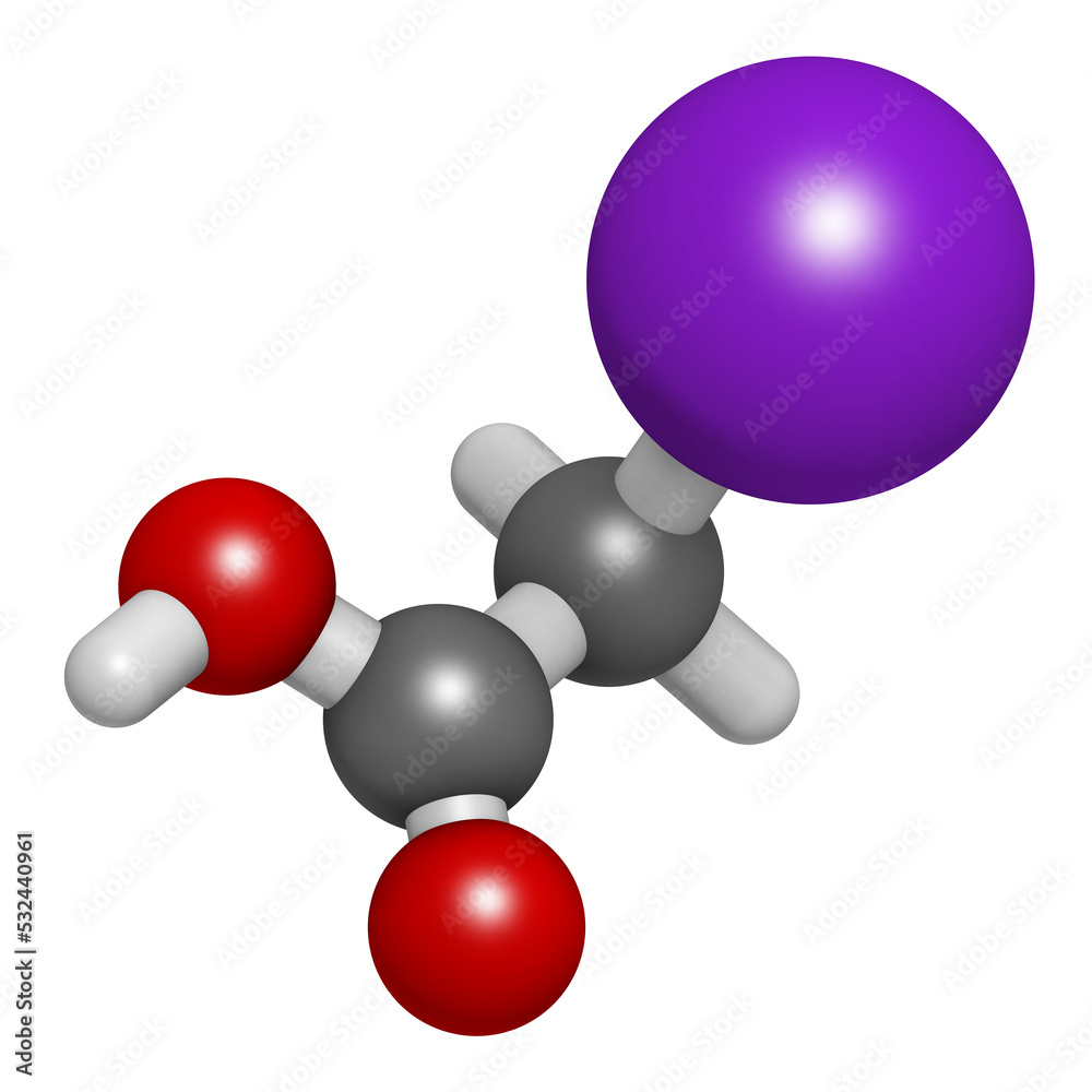 Iodoacetic acid molecule. Toxic alkylating agent. 3D rendering. 
