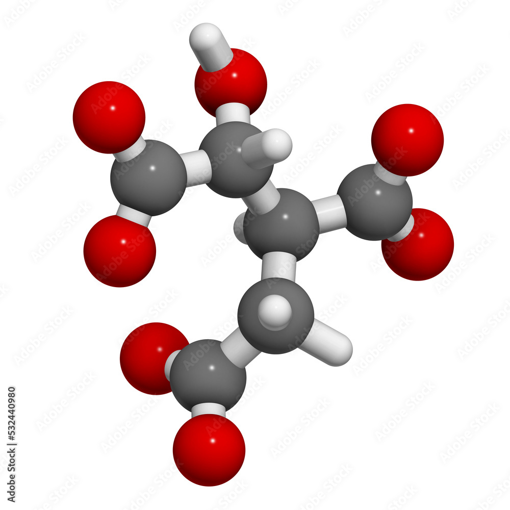 Isocitric acid molecule. 3D rendering. Atoms are represented as spheres with conventional color coding: hydrogen (white), carbon (grey), oxygen (red). Isocitric acid molecule. 3D rendering. Atoms are represented as spheres with conventional color coding: hydrogen (white), carbon (grey), oxygen (red).