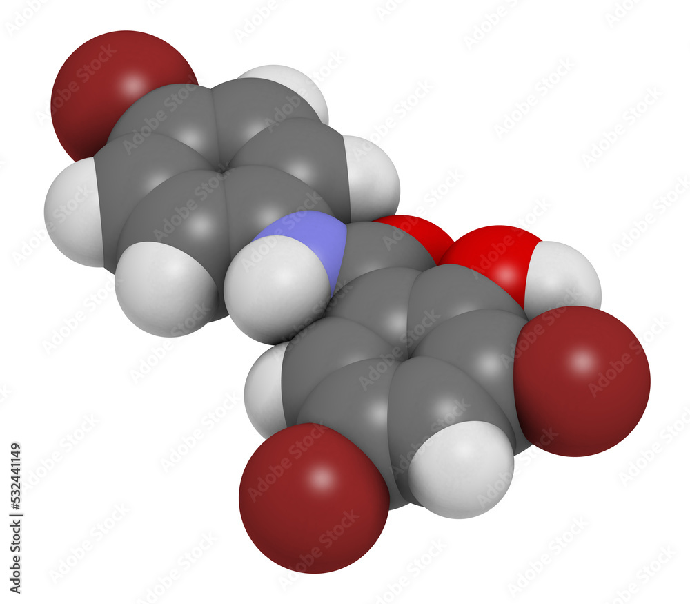 Tribromsalan disinfectant molecule. 3D rendering. Atoms are represented
