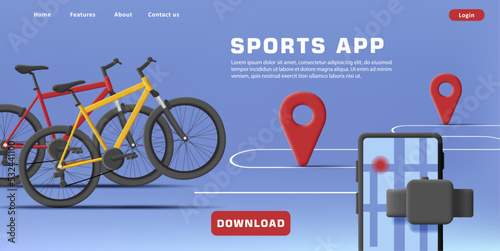 3d illustration with bicycle rental service, smartphone app with map