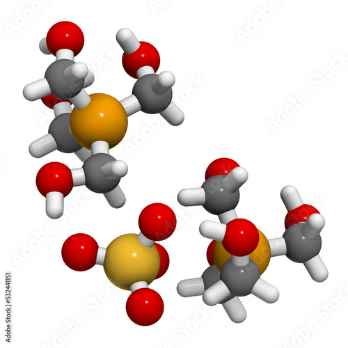 tetrakis(hydroxymethyl)phosphonium sulfate (THPS) biocide molecule. 3D rendering.  photo
