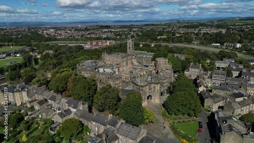 4K: Aerial Drone Video of the Lancaster Castle & Priory Church, Lancashire, UK. Circular shot. Stock Video Clip Footage photo