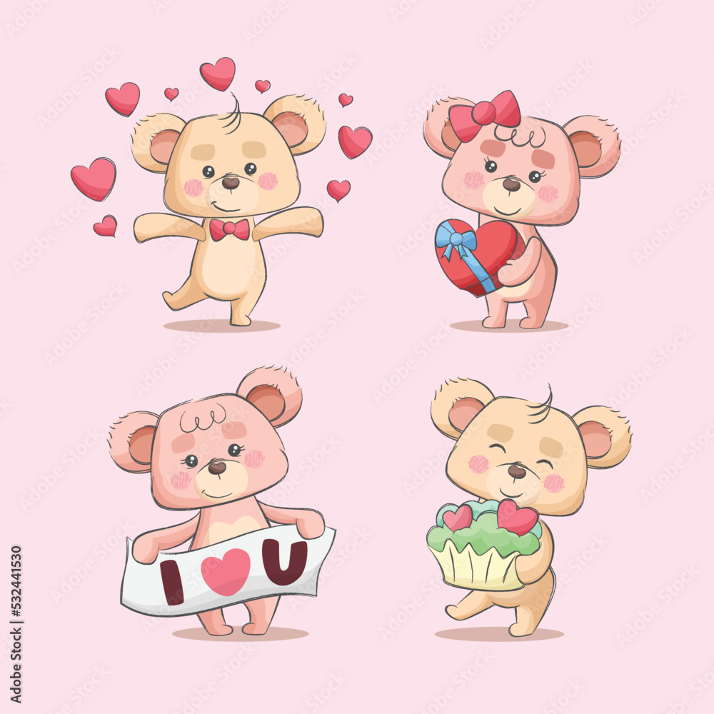Valentine teddy bear love couple cartoon cute characters hand drawn illustration set