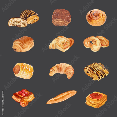 Set of pastries in watercolor style vector illustration