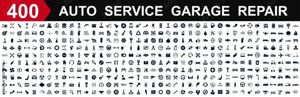 Auto service, car garage 400 isolated icons set, transport repair – stock vector