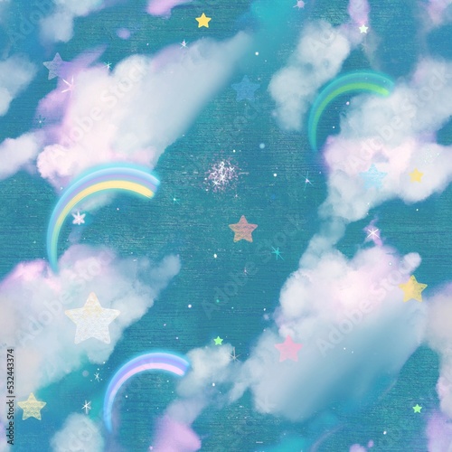 Seamless pattern landscape illustration of a sea of clouds, rainbows and meteors shining in a girly tasteful sky 