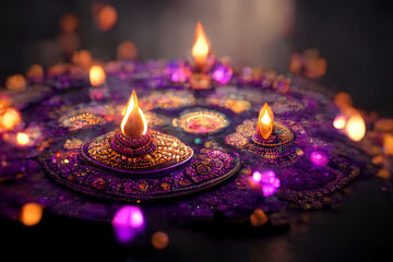 Shiny colorful floral background with illuminated 3D Oil Lamps (Diya) for Diwali celebration.