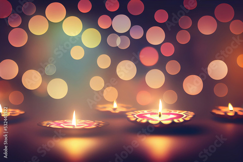 Shiny colorful floral background with illuminated 3D Oil Lamps (Diya) for Diwali celebration.