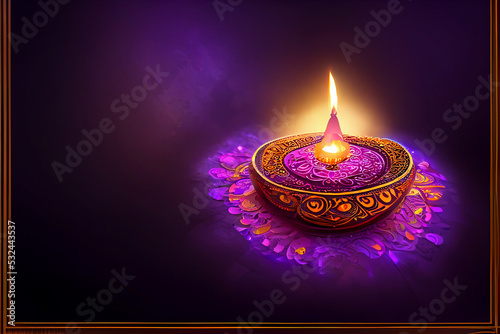Shiny colorful floral background with illuminated 3D Oil Lamps (Diya) for Diwali celebration.