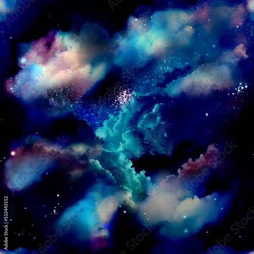 Seamless Pattern Landscape Illustration with Sea of Clouds in Outer Space and Meteors Shining