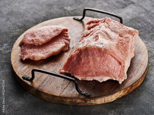 Big piece of the fresh uncooked pork loin. Meat, pork, slices pork loin.
