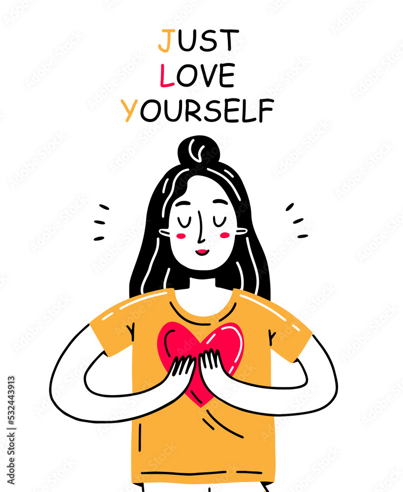 Obraz premium Happy girl holding a heart in the rock with the inscription just love yourself. Illustration with self-love character.
