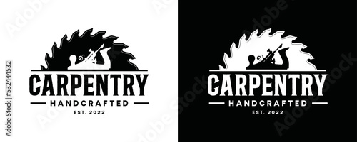 Wood planes or hand planes tool in the saw blade for carpentry or woodworker sign symbol icon vintage logo vector