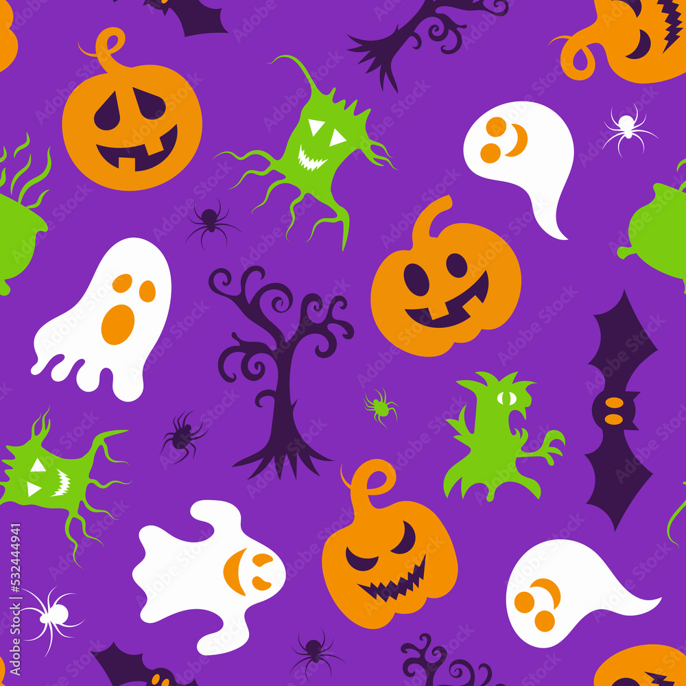Seamless vector pattern for Halloween design. Halloween symbols: ghost, bat, pumpkin in cartoon style. Vector Illustration