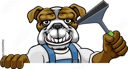 A bulldog cartoon mascot car or window cleaner holding a squeegee tool peeking round a sign