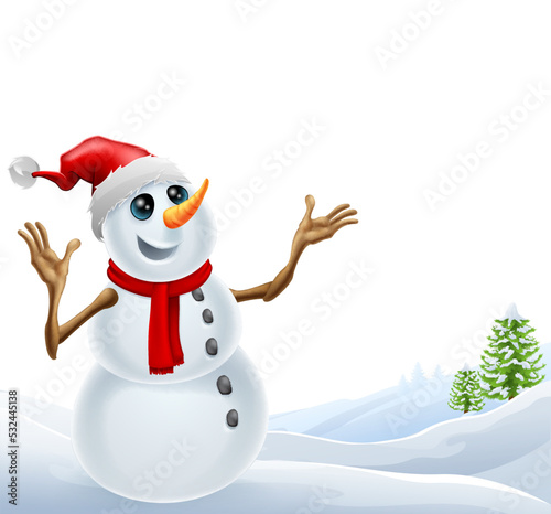 A snowman winter Christmas landscape scene with snowy trees