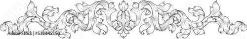 A crest or coat of arms filigree scroll heraldic or heraldry border band floral pattern design. Like that from a medieval baroque royal crest, in a woodcut etching style