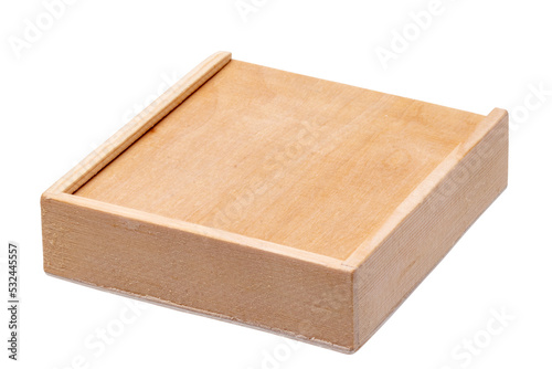 Wooden boxes. Close-up of a closed plywood box isolated on a white background. Clipping path. Macro.