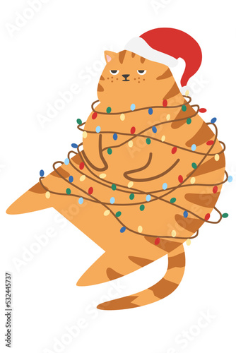 Cute disgruntled ginger cat. The cat is tangled in a Christmas garland. Fat cat in a Santa Claus hat 