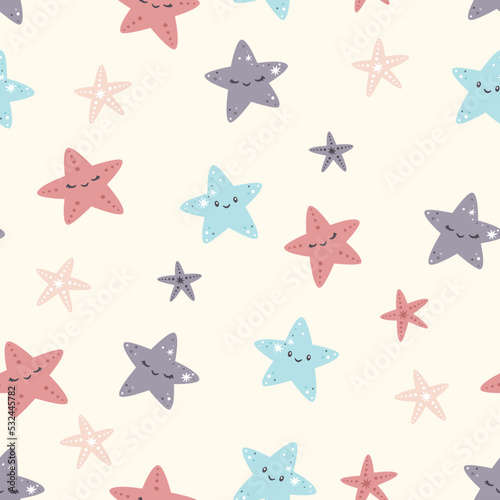 Seamless vector pattern. Cute smiling sea stars. Starfish with cute faces 