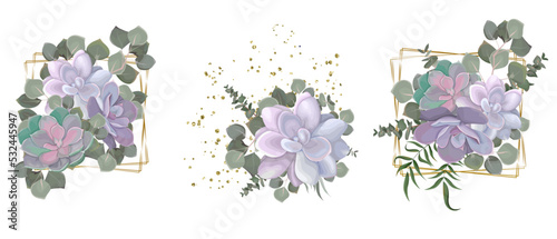 Collection of color vector compositions. Succuents, eucalyptus, green plants and leaves, glitter, gold shapes. Elements for wedding design