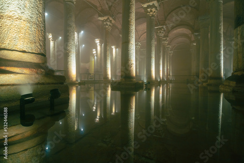 Columns of the Basilica Cistern with reflections on the water