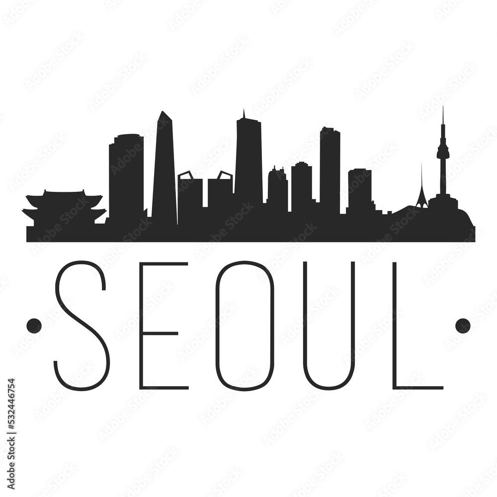 Seoul, South Korea City Skyline. Silhouette Illustration Clip Art. Travel Design Vector Landmark Famous Monuments.