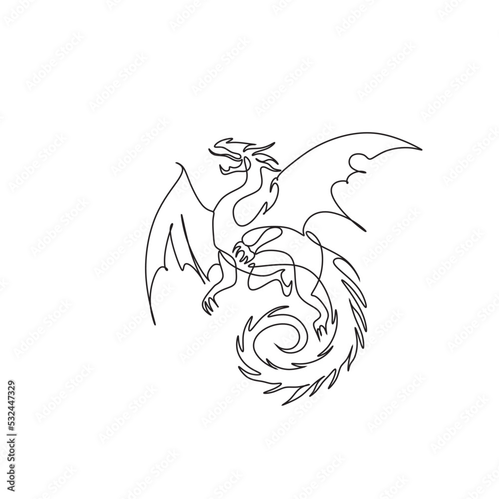 Fototapeta premium Single continuous line drawing Dragon on the white background