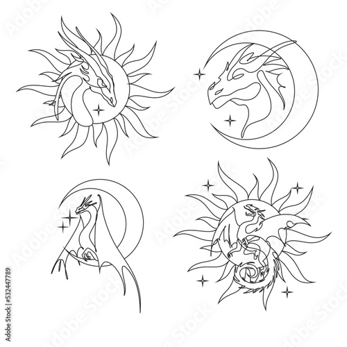 One line drawing of dragon with moon and sun logo identity. Magical legend art association tattoo. One line art design illustration. Magic poster 