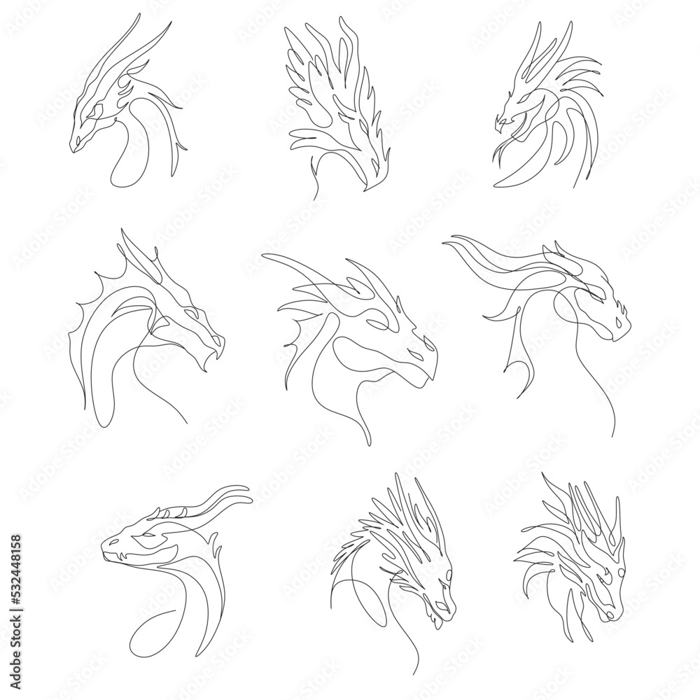 Single continuous line drawing of fictional monsters dragon for chinese ...