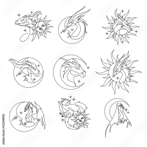 One line drawing of dragon with moon and sun logo identity. Magical legend art association tattoo. One line art design illustration. Magic poster 