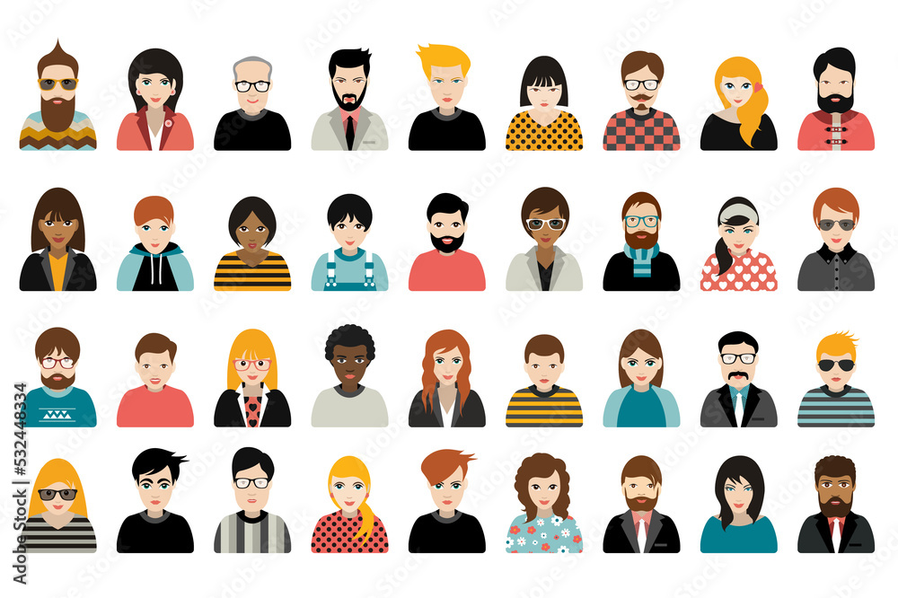 Mega set of persons, avatars, people heads different nationality in flat style on transparent background. Vector. Mega set of persons, avatars, people heads different nationality in flat style on transparent background. Vector.