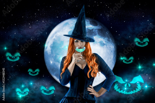 Canvas Print Halloween Witch making witchcraft, drinking a magic potion cocktail, spells