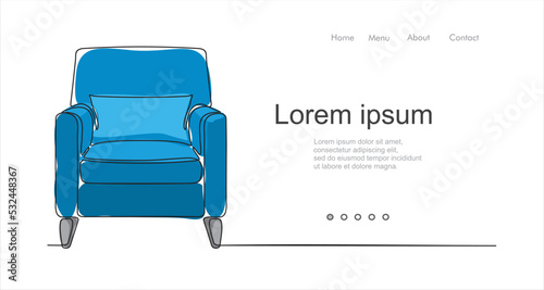 continuous one line drawing of spacious modern armchair. Can used for logo, emblem, slide show and banner. Illustration with quote template. One line vector illustration. 