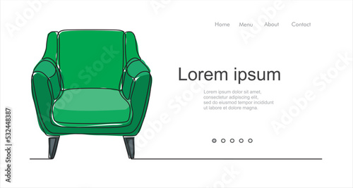 continuous one line drawing of spacious modern armchair. Can used for logo, emblem, slide show and banner. Illustration with quote template. One line vector illustration. 