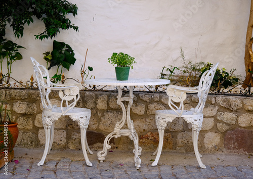 white table and chairs in a garden