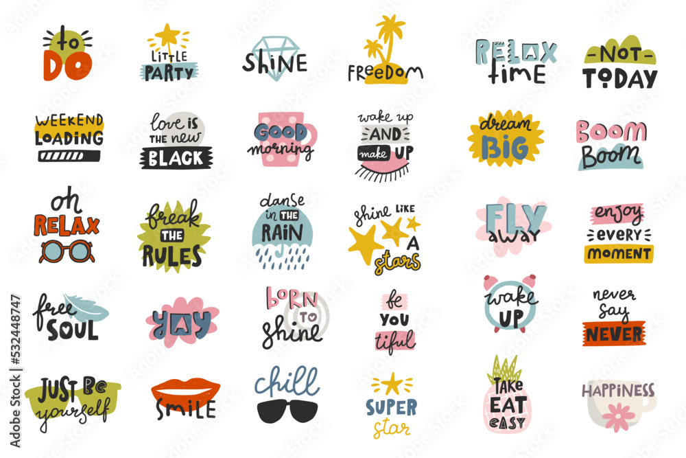 Motivational typography set of cool quotes. Isolated on white background. Trendy vector lettering. Collection perfect for weekly or daily planner, note paper, tshirt design, posters, stickers, banners