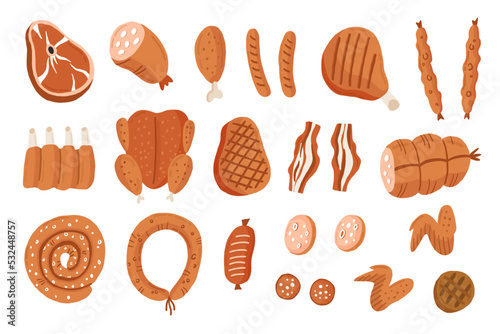 Cartoon meat products. Chicken, beef, pork, lamb, sausages, steaks, pork bacon, boneless rump, whole leg, rib roast, loin, rib chops, rustic belly, ground meat, meat cubes for stew. Isolated on white