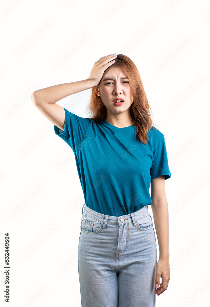 Cute looking Asian woman making a headache gesture and isolated on white background copy space Cute looking Asian woman making a headache gesture and isolated on white background copy space
