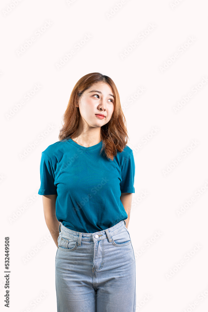 Obraz premium Cute face Asian woman making various hand gestures and isolated on white background copy space
