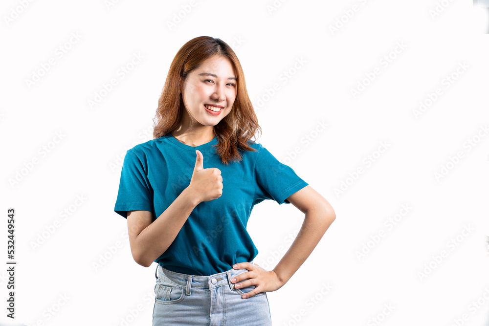 Cute face Asian woman making various hand gestures and isolated on white background copy space Cute face Asian woman making various hand gestures and isolated on white background copy space
