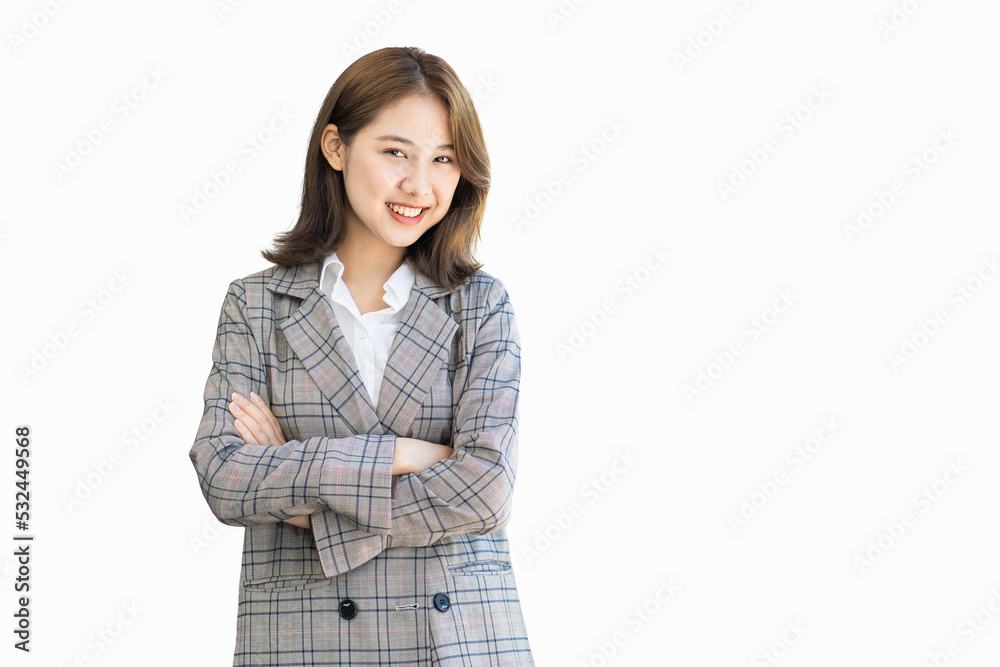 Cute face Asian woman making various hand gestures and isolated on white background copy space Cute face Asian woman making various hand gestures and isolated on white background copy space