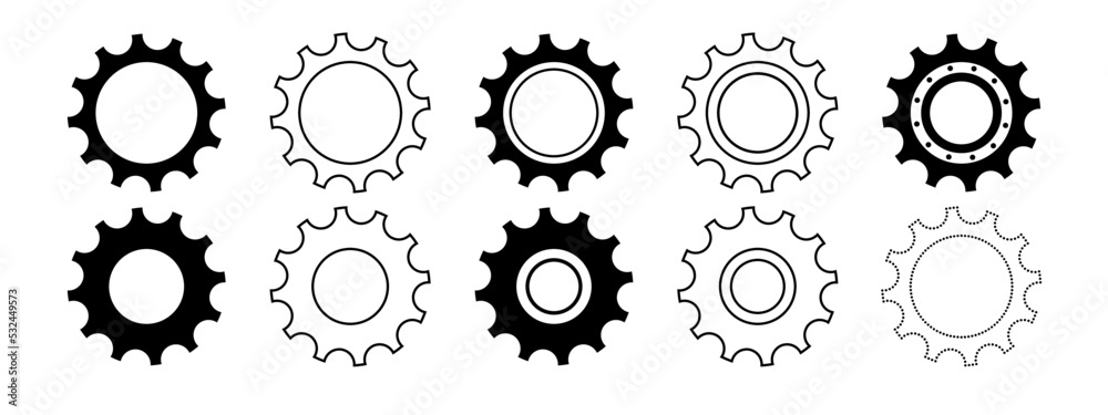 Set of gears, cogwheels. Black flat design element. Isolated vector illustration, transparent background. Asset for overlay, montage, collage, presentation. Business and technology concept.	