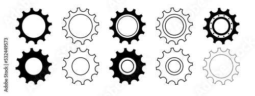 Set of gears, cogwheels. Black flat design element. Isolated vector illustration, transparent background. Asset for overlay, montage, collage, presentation. Business and technology concept.	