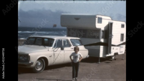 Leaving San Gregorio 1967 - A family in a station wagon and towing a camper leaves San Gregorio State Beach in California, 1967. 