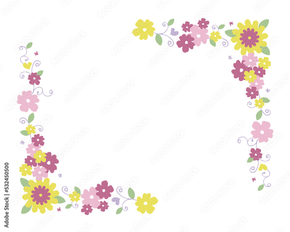 花　飾り罫　枠　フレーム　葉　草　蔓草　ハート　天使　ポストカード　招待状　レター　紙　印刷　ピンク　紫　黄　緑