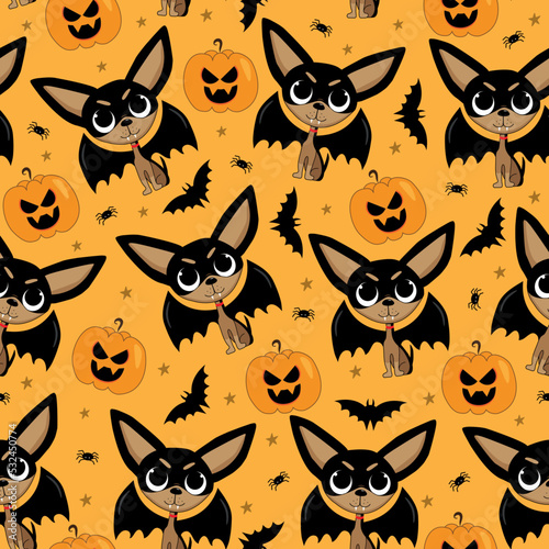 Vampire dog with bat wings, and pumpkin, spider, cartoon seamless pattern for Halloween.